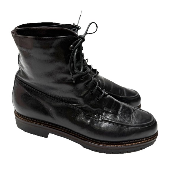 Elli Bartoli Black Leather Combat Boots Lace-Up Size 41 Italy Fur Lug Sole US 10 - Picture 2 of 10